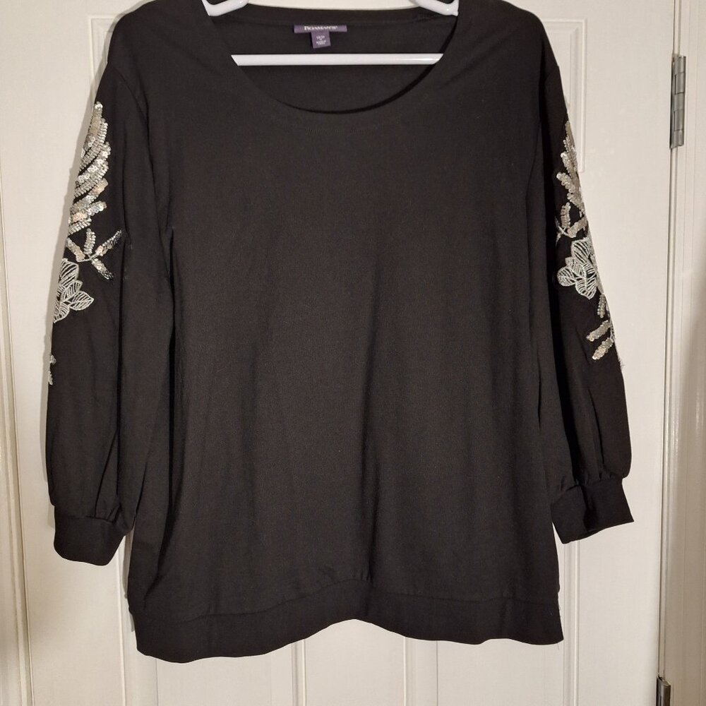 Roaman’s Womens Dressy Crew Neck Sweatshirt Top SZ 14/16 M Color Black/Silver